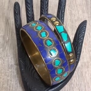 Vintage Tibetan Mosaic Turquoise And Lapis Lazuli Brass Bangle Set